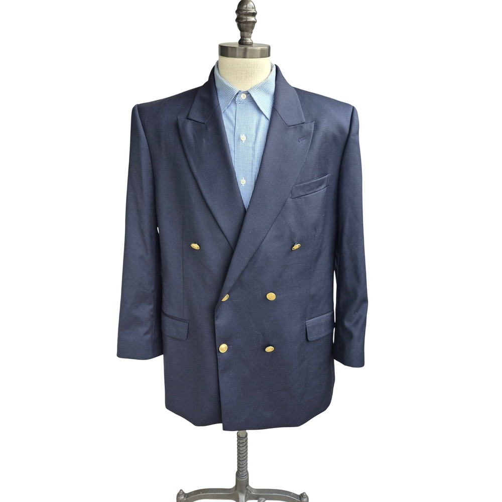 Samuel Windsor Mens Navy Blue Double Breasted Blazer Gold Crest Buttons Sz 48 L